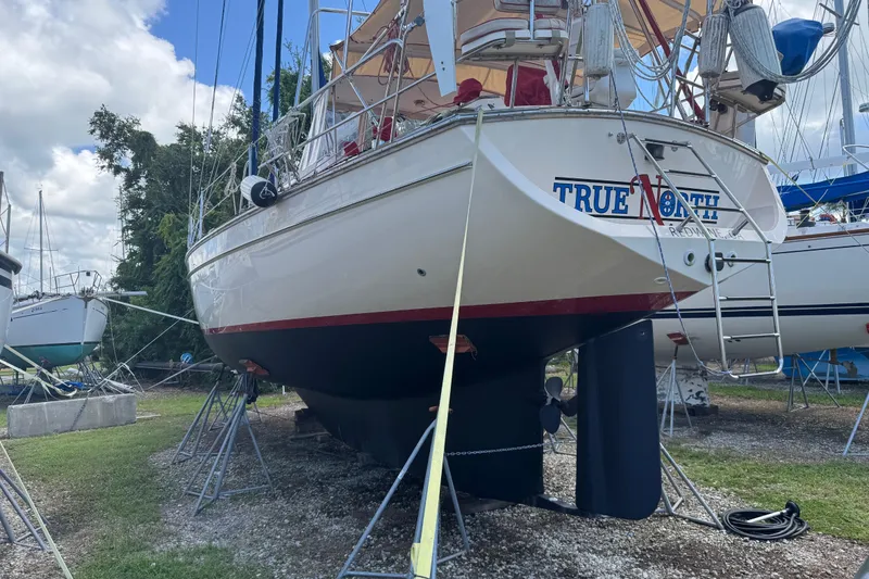 Slide: The Image of 2004 Island Packet 420 sailboat "True North" on dry dock, ready for maintenance. - 32