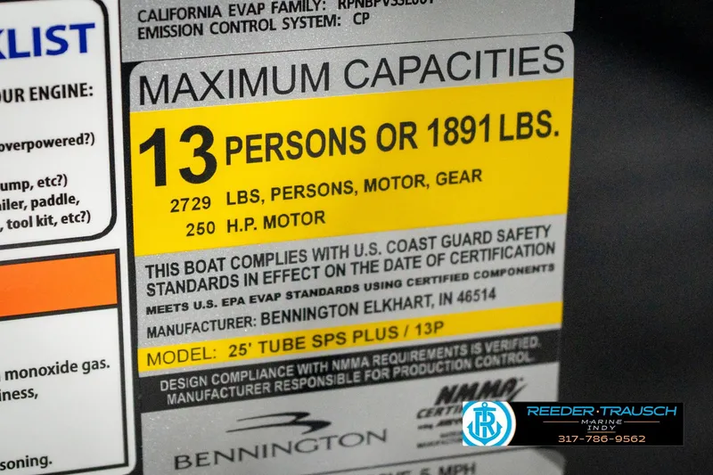 Slide: The Image of 2026 Bennington 26 MSB capacity label: 13 persons or 1891 lbs, 250 HP motor. - 59