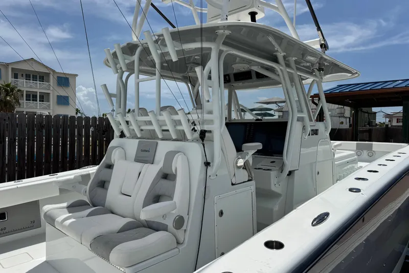 Slide: The Image of 2018 Freeman 42 boat interior with seating and navigation equipment. - 31