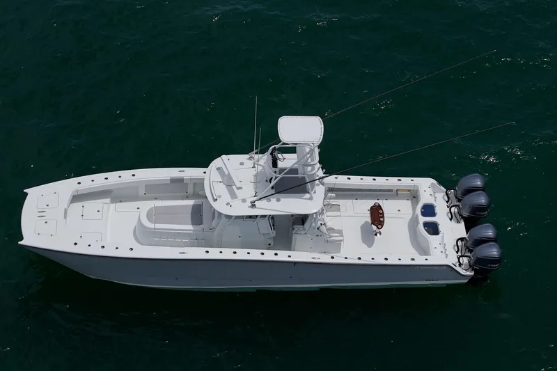 Slide: The Image of Aerial view of 2018 Freeman 42 LR boat on open water. - 7