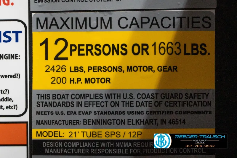 Slide: The Image of 2026 Bennington 22 MFB boat capacity label: 12 persons or 1663 lbs, 200 HP motor. - 55