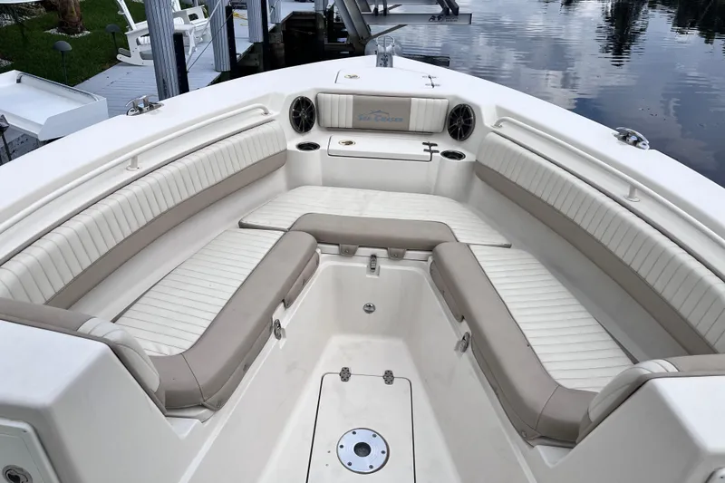 Slide: The Image of 2019 Sea Chaser 27 HFC boat interior with spacious seating and sleek design. - 15