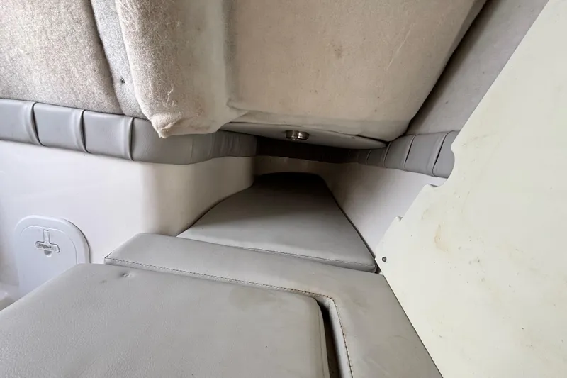 Slide: The Image of Interior view of 2021 Sea Fox 249 Avenger boat cabin with cushioned seating. - 18
