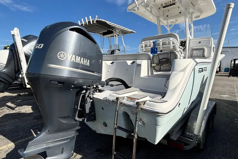 Slide: The Image of 2021 Sea Fox 249 Avenger boat with Yamaha 250 engine, parked on a trailer. - 36