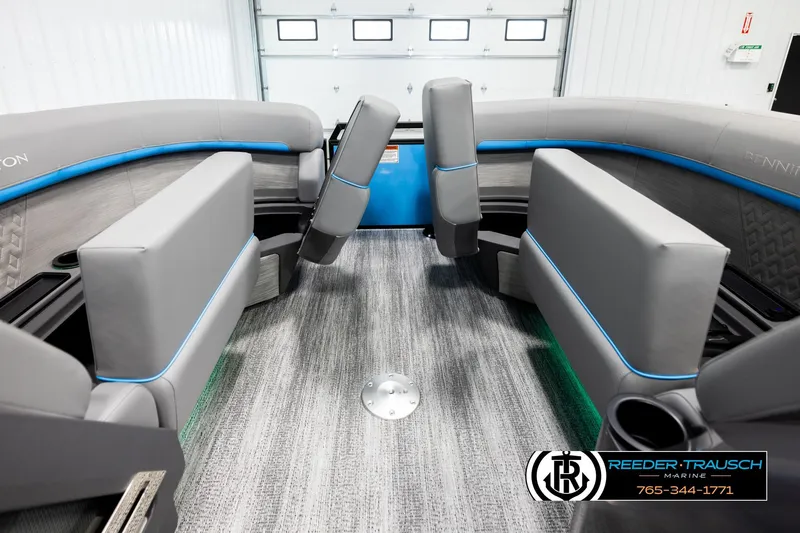 Slide: The Image of 2026 Bennington 22 MSBSE boat interior with gray and blue seating, modern design. - 20