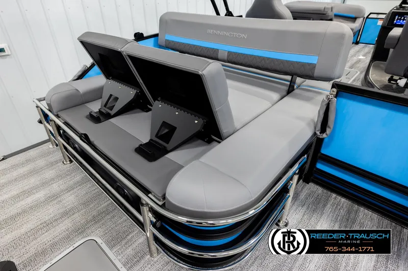 Slide: The Image of 2026 Bennington 22 MSBSE pontoon boat interior with gray and blue seating. - 25