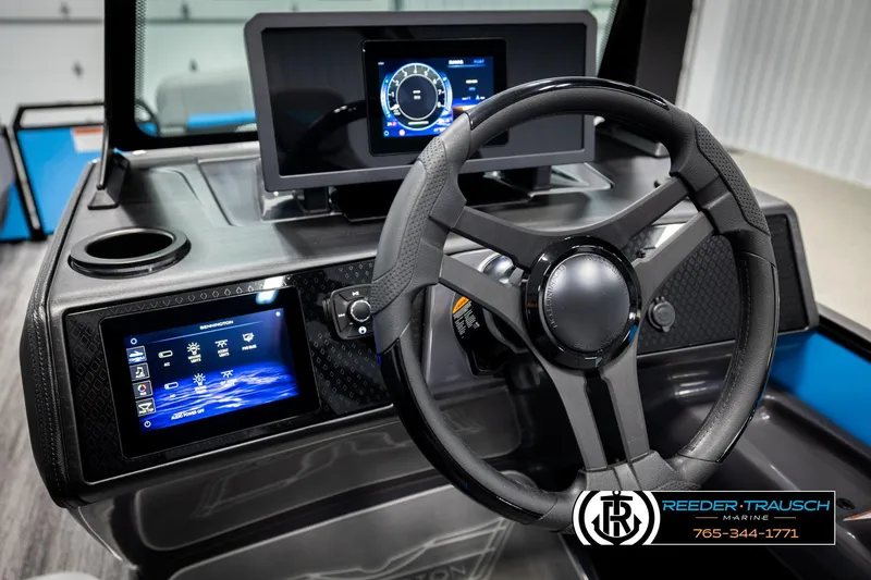 Slide: The Image of Steering console of 2026 Bennington 22 MSBSE with digital displays and controls. - 30