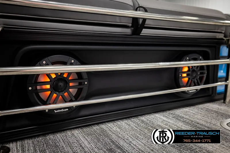 Slide: The Image of 2026 Bennington 22 MSBSE boat speakers with orange LED lights and metal railing. - 45