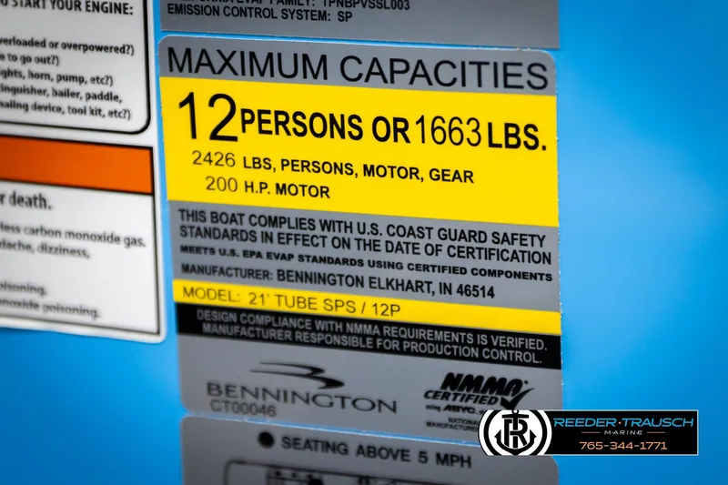 Slide: The Image of 2026 Bennington 22 MSBSE boat capacity label, 12 persons or 1663 lbs, 200 HP motor. - 53