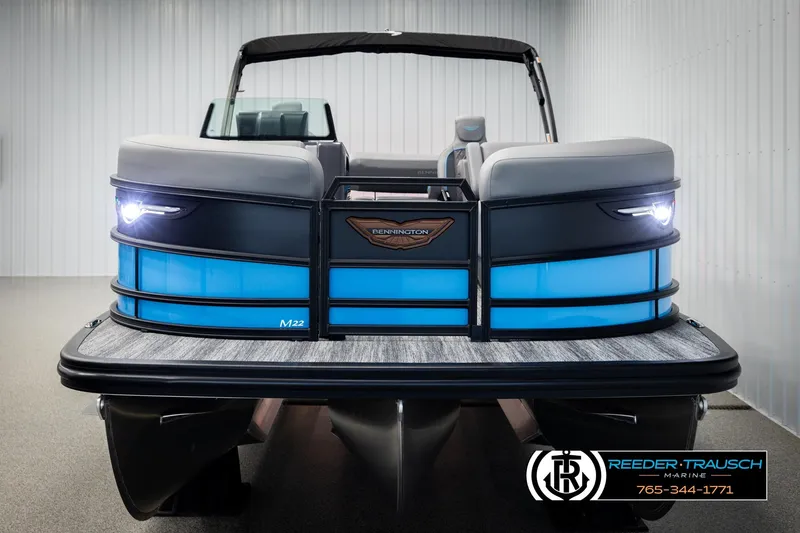 Slide: The Image of 2026 Bennington 22 MSBSE pontoon boat with sleek design and illuminated accents. - 8