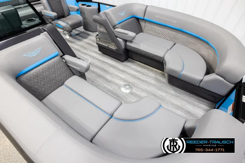 Slide: The Image of 2026 Bennington 22 MSBSE boat interior with gray and blue seating, modern design. - 9