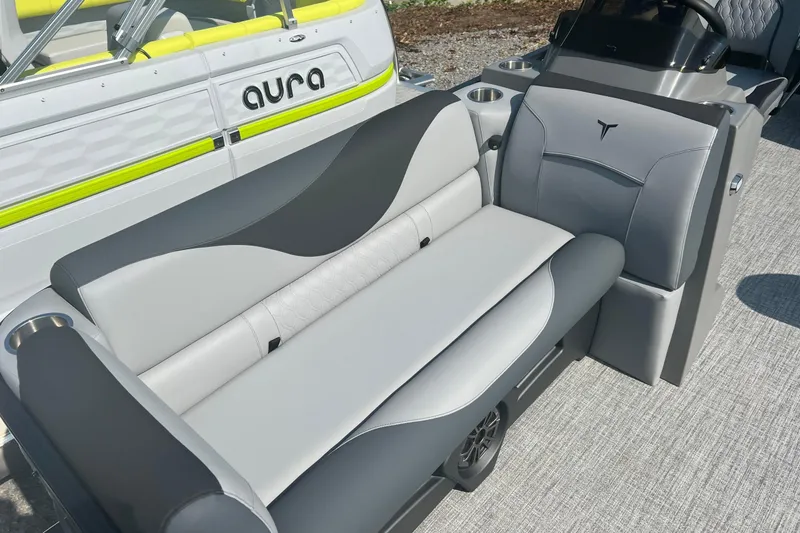 Slide: The Image of 2026 Tahoe Pontoon 1980 CRUISE boat interior with sleek gray seating and modern design. - 10