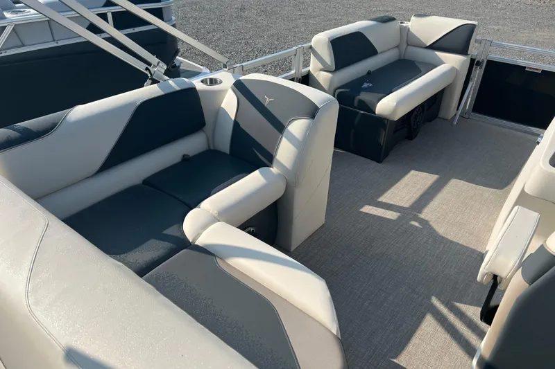 Slide: The Image of 2026 Tahoe Pontoon 1780 CRB interior with stylish seating and spacious layout. - 9