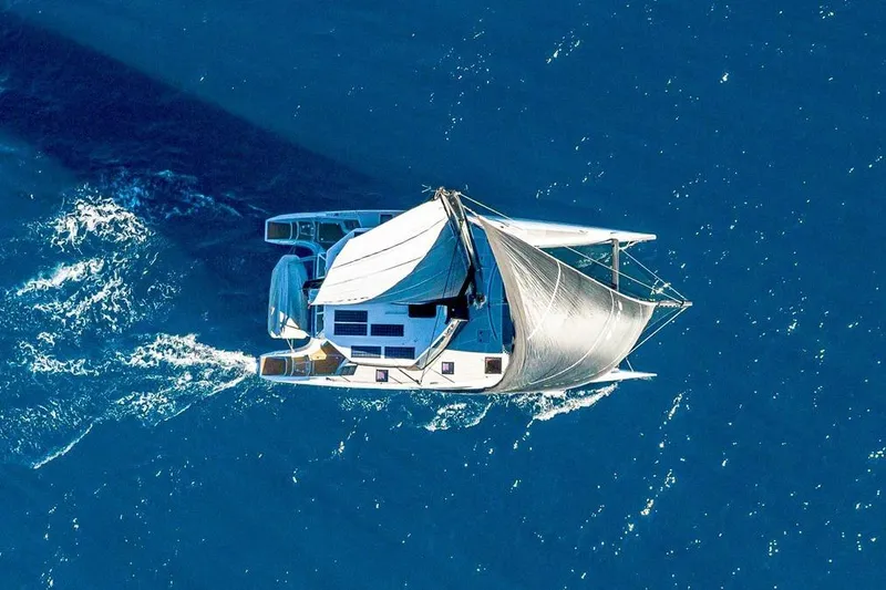 Slide: The Image of Aerial view of 2018 Gunboat 57 sailing on open blue ocean. - 71