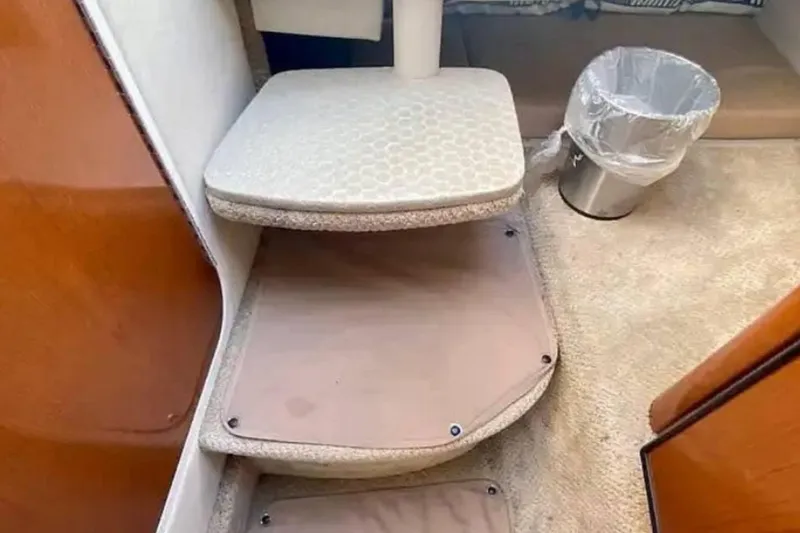 Slide: The Image of Interior steps of a 2011 Sea Ray 240 Sundancer boat with carpeted flooring. - 9