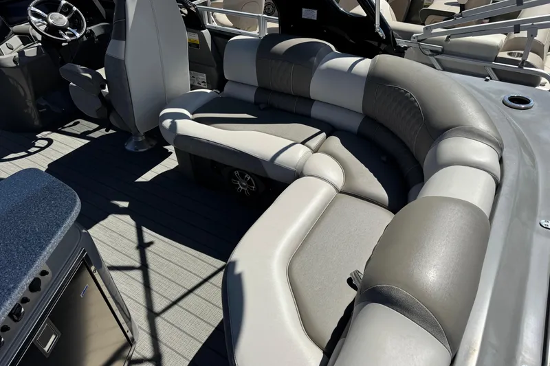 Slide: The Image of Luxurious seating on 2023 Avalon Excalibur 27' boat, featuring modern design and comfort. - 14