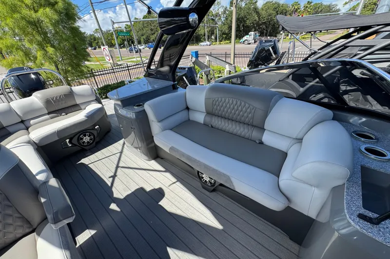 Slide: The Image of Luxurious seating on 2023 Avalon Excalibur 27' boat, featuring modern design and comfort. - 34