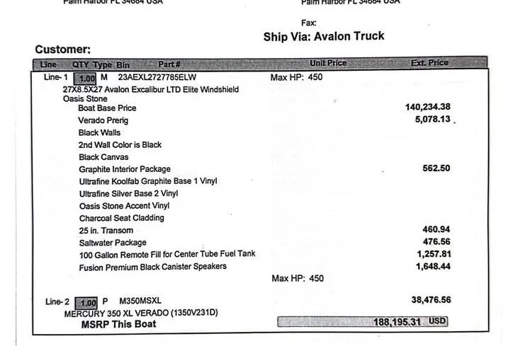 Slide: The Image of Invoice for 2023 Avalon Excalibur boat with detailed pricing and features. - 39