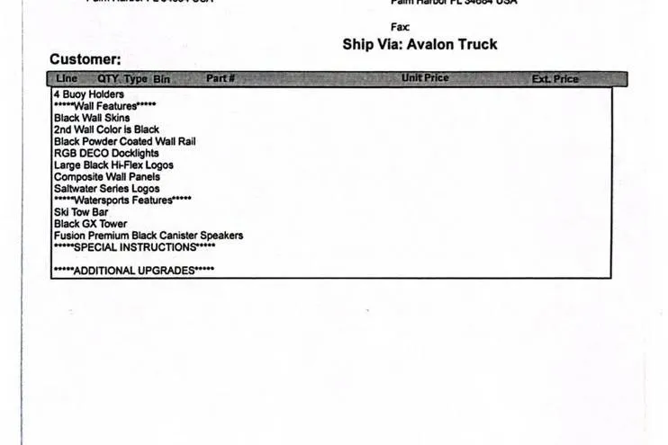 Slide: The Image of Invoice listing features and upgrades for Avalon Excalibur 27' boat, shipped via Avalon Truck. - 40