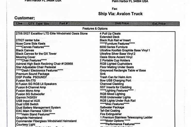 Slide: The Image of 27' Avalon Excalibur boat features list with premium sound, RGB lighting, and extended deck. - 41