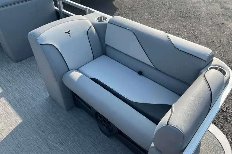 Slide: The Image of 2026 Tahoe Pontoon 2180 REAR FISH boat seat with gray upholstery and cup holders. - 18
