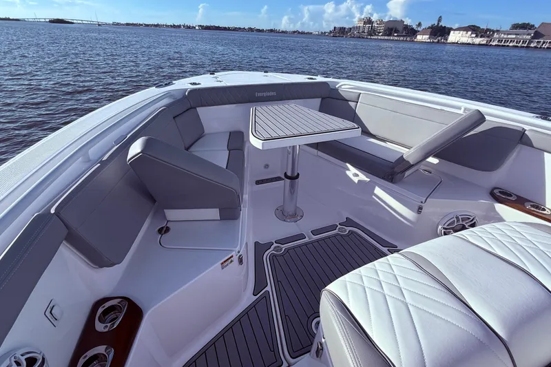 Slide: The Image of Luxurious seating area on 2023 Everglades 395 Center Console boat, with ocean view. - 29