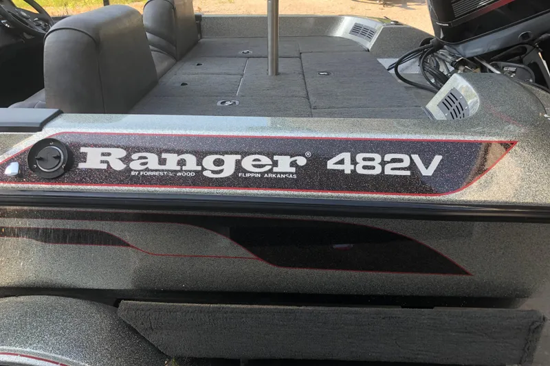 Slide: The Image of 1993 Ranger Comanche 482V boat interior with seating and motor, Flippin, Arkansas. - 8
