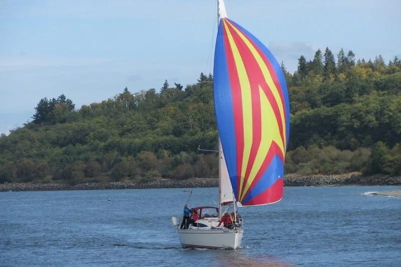 Slide: The Image of Sailboat Delphia 33 (2007) with colorful spinnaker sailing on a scenic lake. - 2