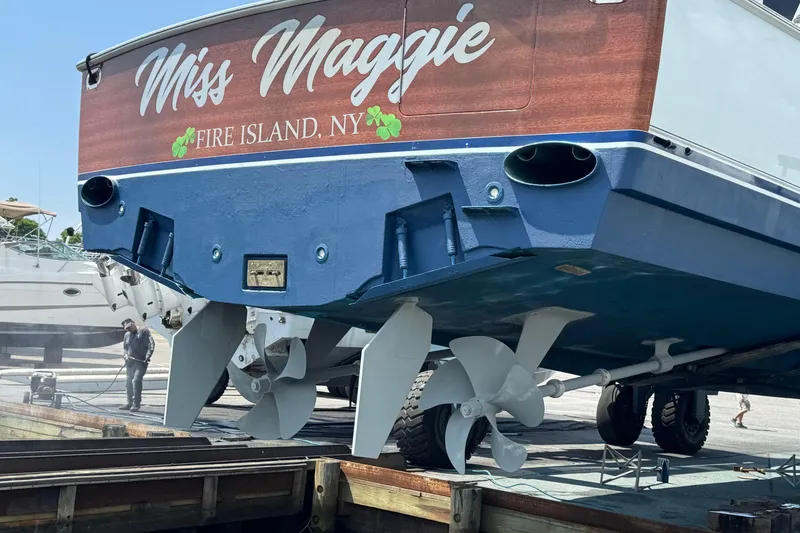 Slide: The Image of 2002 Viking 61 Enclosed Bridge yacht "Miss Maggie" on dry dock, Fire Island, NY. - 88