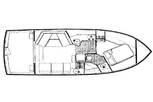 Slide: The Image of Floor plan of a 1996 Carver 330 Mariner boat, showing interior layout and design. - 55