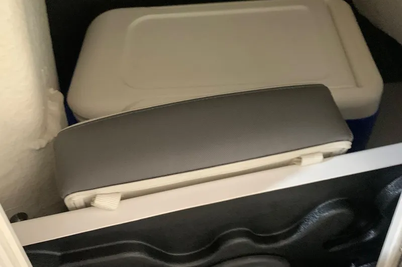 Slide: The Image of Storage compartment in a 2017 Yamaha Boats 212 Limited, featuring a cooler and cushion. - 19