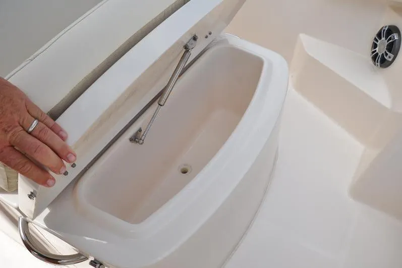 Slide: The Image of 2021 Grady-White Fisherman 236 boat storage compartment with open lid and hydraulic support. - 29