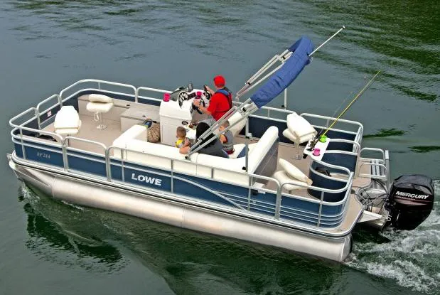 Slide: The Image of Manufacturer Provided Image: 2014 Lowe SF214 Sport Fish pontoon boat on water with passengers. - 12