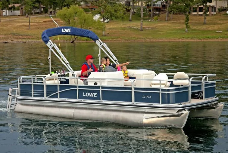 Slide: The Image of Manufacturer Provided Image: 2014 Lowe SF214 Sport Fish pontoon boat on a lake with passengers. - 13