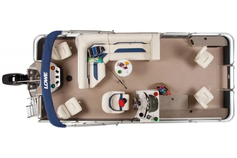 Slide: The Image of Manufacturer Provided Image: Top view of 2014 Lowe SF214 Sport Fish pontoon boat with seating and fishing gear. - 15