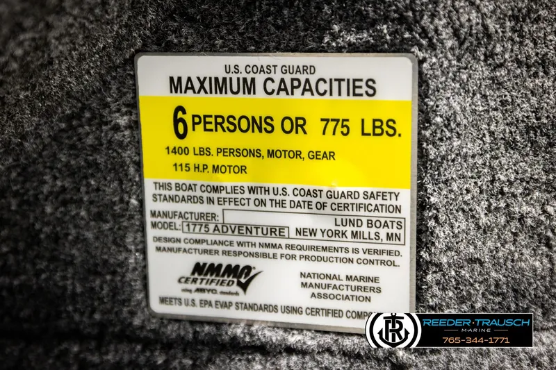 Slide: The Image of 2026 Lund 1775 Adventure SS capacity label, 6 persons or 775 lbs, 115 HP motor. - 52