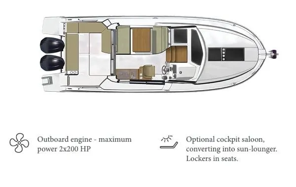 Slide: The Image of Top view of 2024 Beneteau Antares 9 layout with outboard engines and optional cockpit saloon. - 17