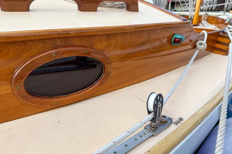 Slide: The Image of 2012 Herreshoff Custom Hyland Design "Rozinante" sailboat with wooden details and rigging. - 25