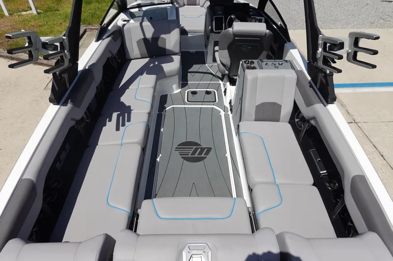 Slide: The Image of 2021 Malibu Wakesetter 25 LSV interior with gray seating and modern design. - 11
