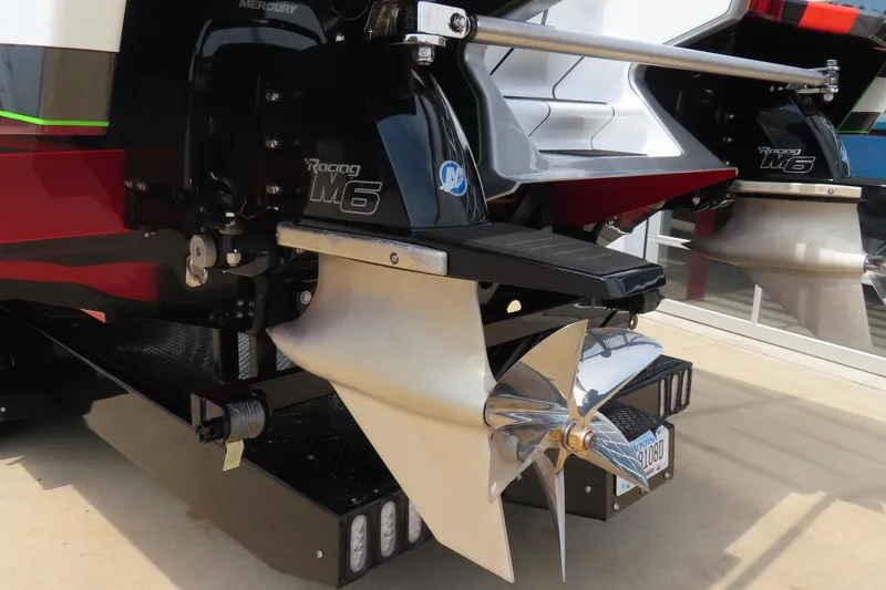 Slide: The Image of 2025 Skater 388 boat with Mercury Racing M6 engines and stainless steel propellers. - 12