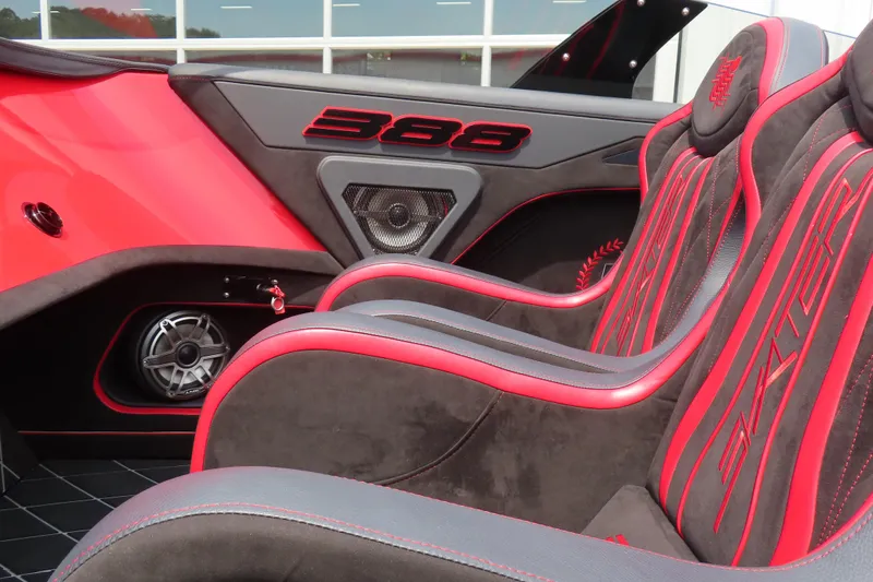 Slide: The Image of Interior of 2025 Skater 388 with red and black seats, featuring sleek design elements. - 6