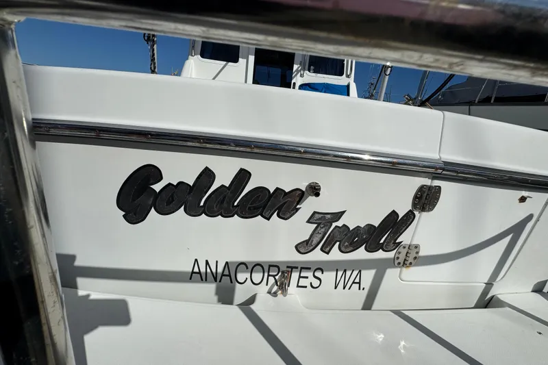 Slide: The Image of Ocean Sport Roamer 30 boat, "Golden Troll," docked in Anacortes, WA, 2005 model. - 53