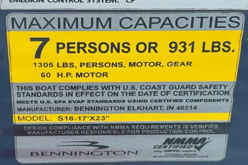 Slide: The Image of 2019 Bennington 188 SV capacity label: 7 persons, 931 lbs, 60 HP motor compliance. - 25