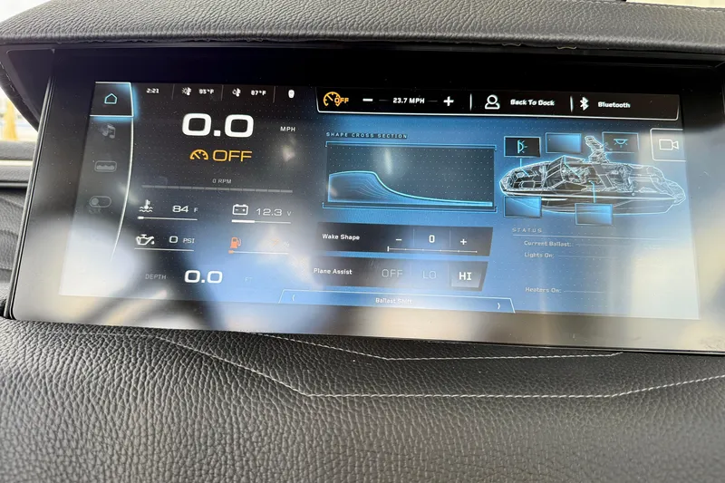 Slide: The Image of 2026 Nautique Super Air Nautique G23 dashboard display showing speed, wake shape, and system status. - 30