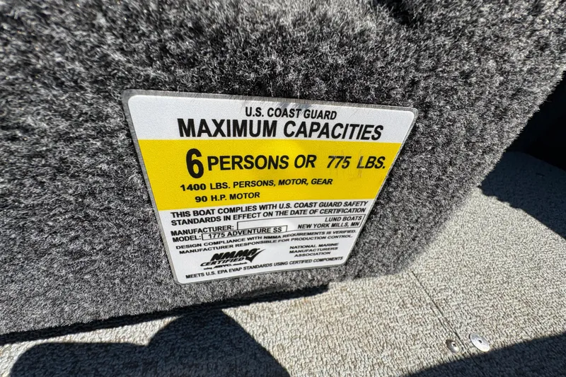 Slide: The Image of 2020 Lund 1775 Adventure SS capacity label, 6 persons or 775 lbs, 90 HP motor. - 26