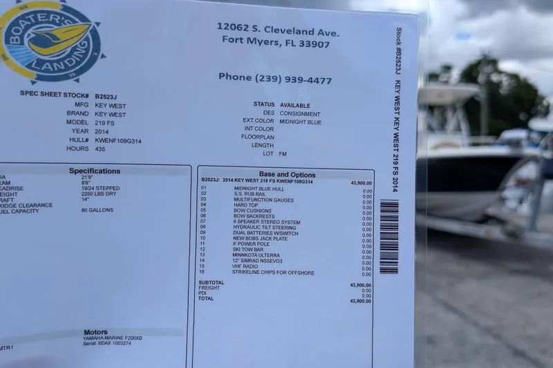 Slide: The Image of 2014 Key West 219 FS boat spec sheet at Boater's Landing, Fort Myers. - 22