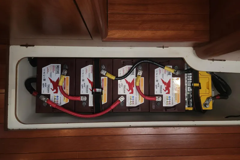 Slide: The Image of Battery compartment in 2011 Hunter 39 sailboat with Trojan batteries installed. - 26