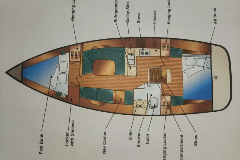 Slide: The Image of Floor plan of a 2011 Hunter 39 sailboat, showing interior layout and labeled features. - 3