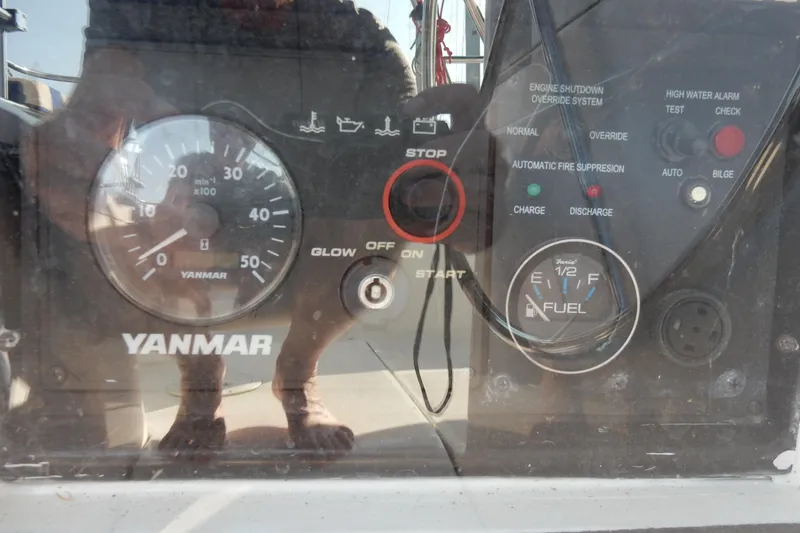 Slide: The Image of Control panel of a 2011 Hunter 39 sailboat with Yanmar engine gauges. - 44