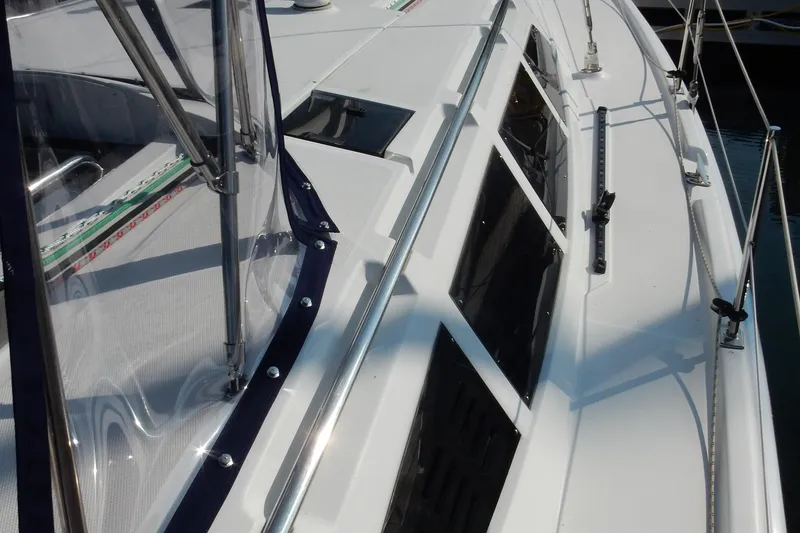 Slide: The Image of 2011 Hunter 39 sailboat deck with sleek design and modern features. - 51